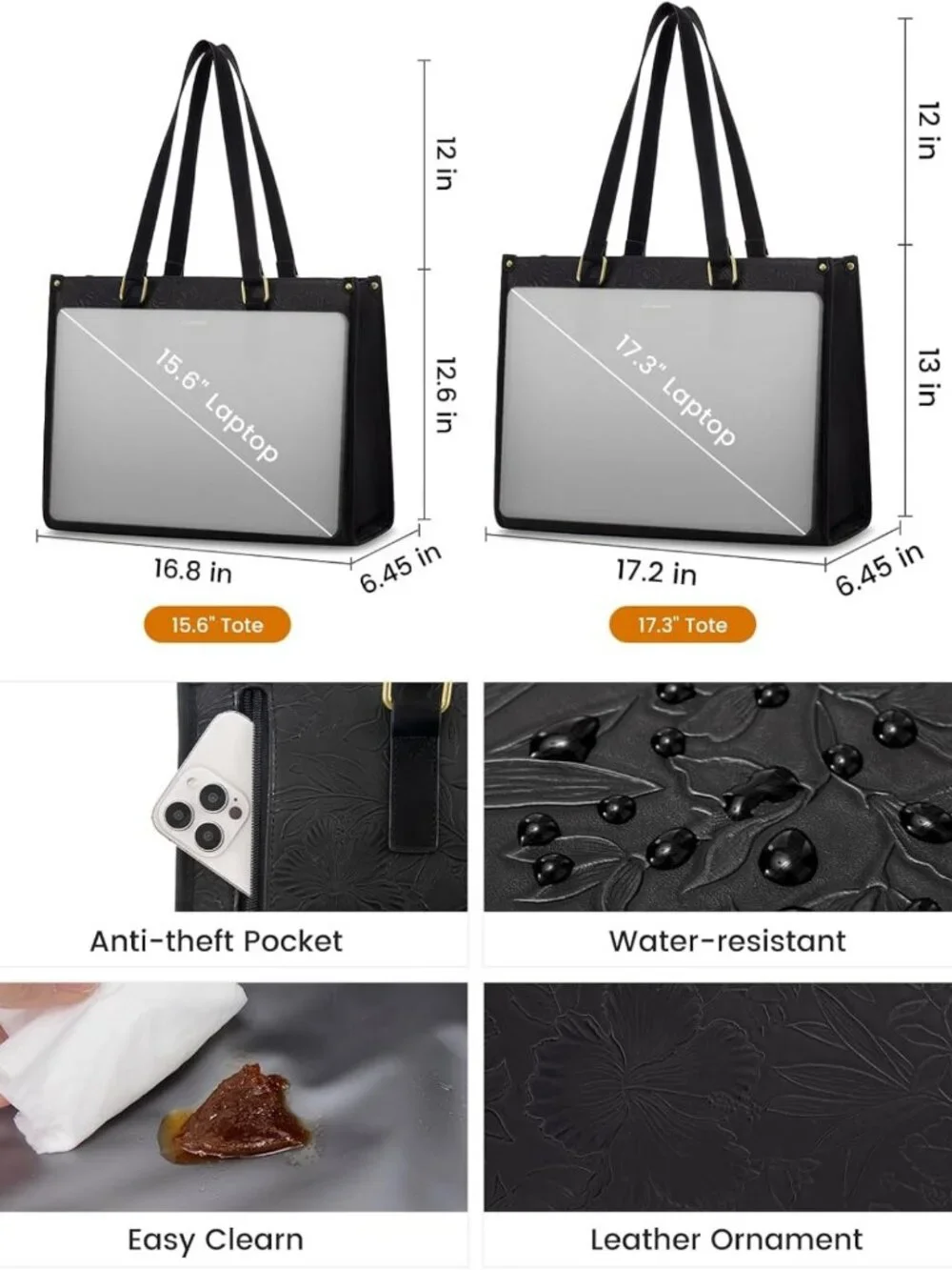 Stylish Insulated Lunch Tote & Laptop Bag for Women, Large Capacity, Jet Black